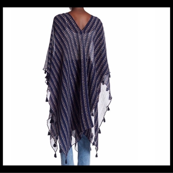 David and Young Poncho shawl Blue Striped w/ Tassels Boho v-neck Y2K - Picture 1 of 8